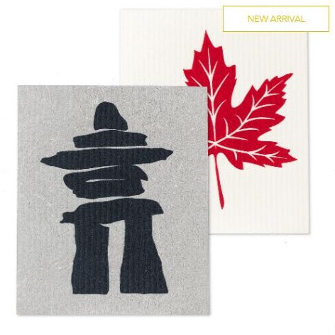 Inukshuk and Maple Leaf Swedish Dishcloth Set of 2