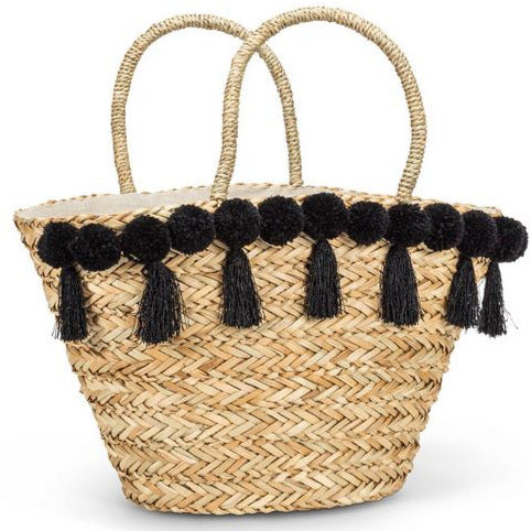 Wicker Tote with Tassles and Pompoms