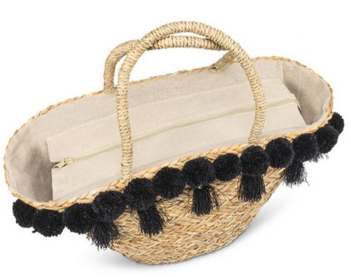 Wicker Tote with Tassles and Pompoms