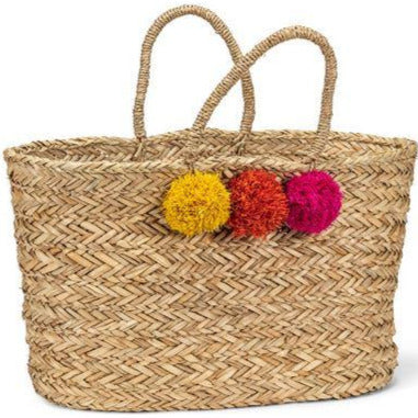 Wicker Tote with Tassles and Pompoms
