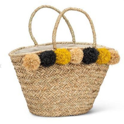 Wicker Tote with Tassles and Pompoms